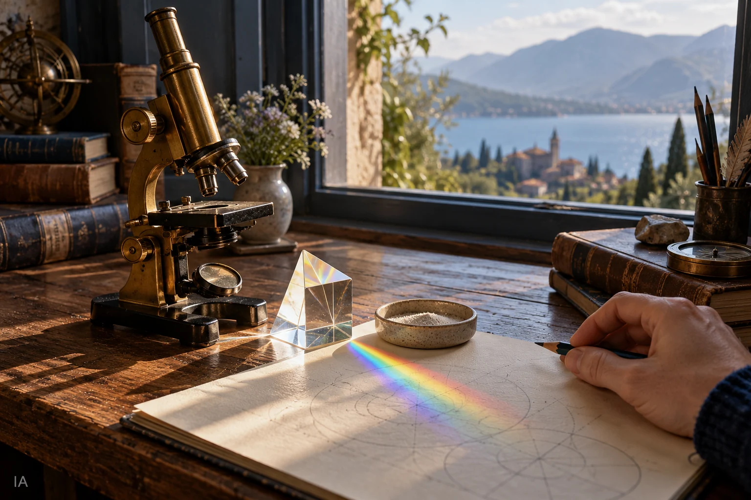 Un microscopio de latón y un prisma que descompone la luz sobre un cuaderno junto a una ventana.