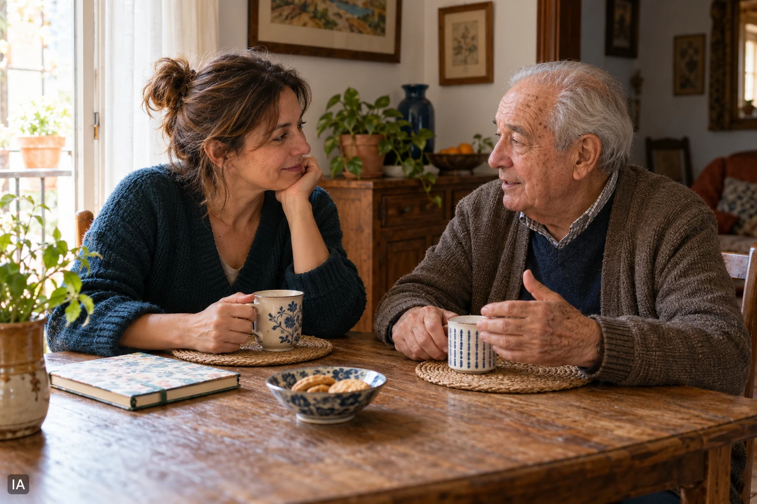 Un padre mayor y su hija adulta conversan tomando café en una casa luminosa. Imagen editorial generada con IA.