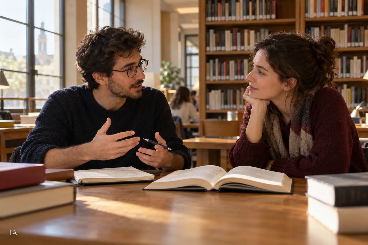 Dos personas conversan con atención junto a un libro abierto y un cuaderno en una biblioteca. Marca IA en la esquina inferior izquierda.