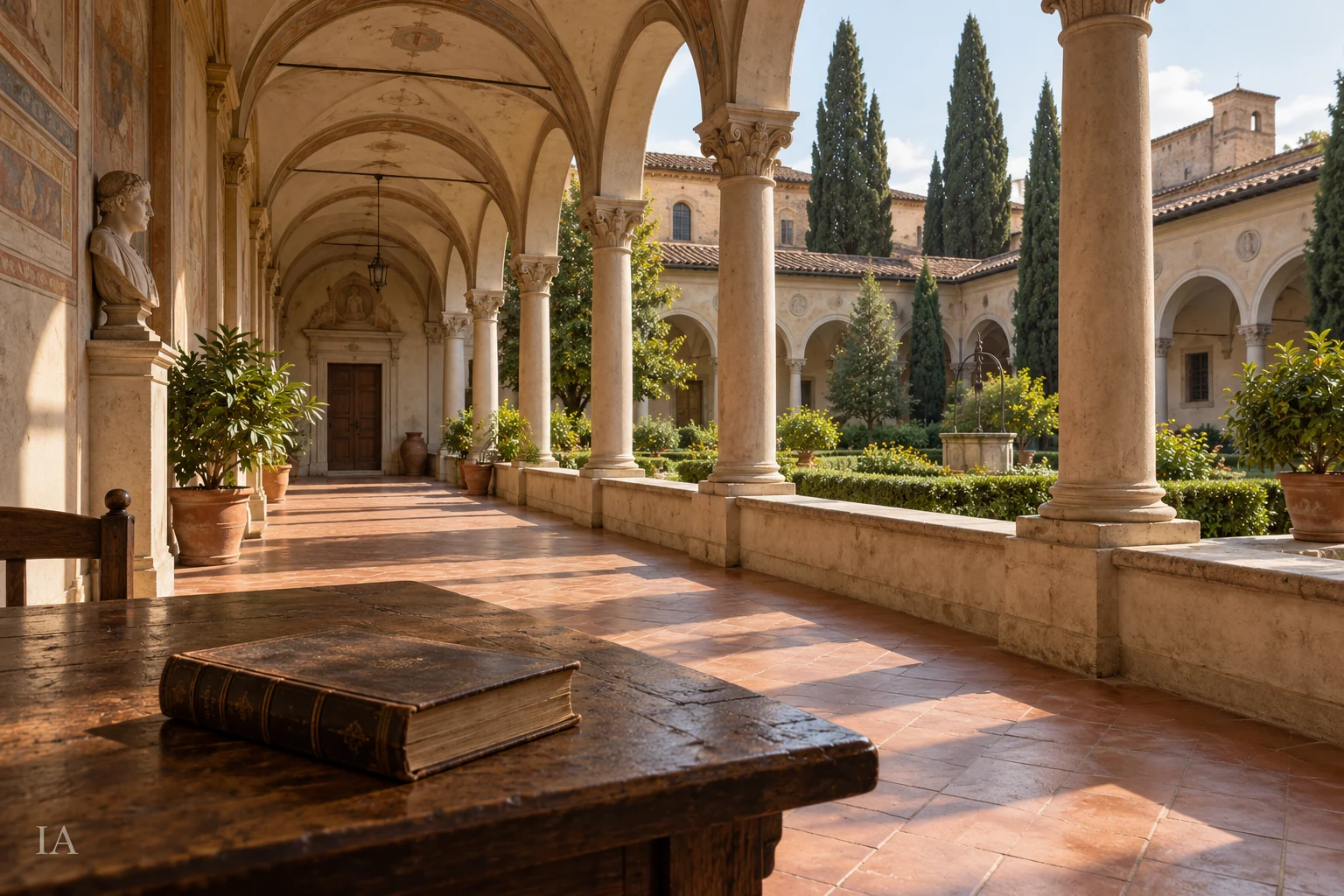 Un libro descansa junto a las arcadas y el jardín de un claustro de inspiración renacentista florentina.