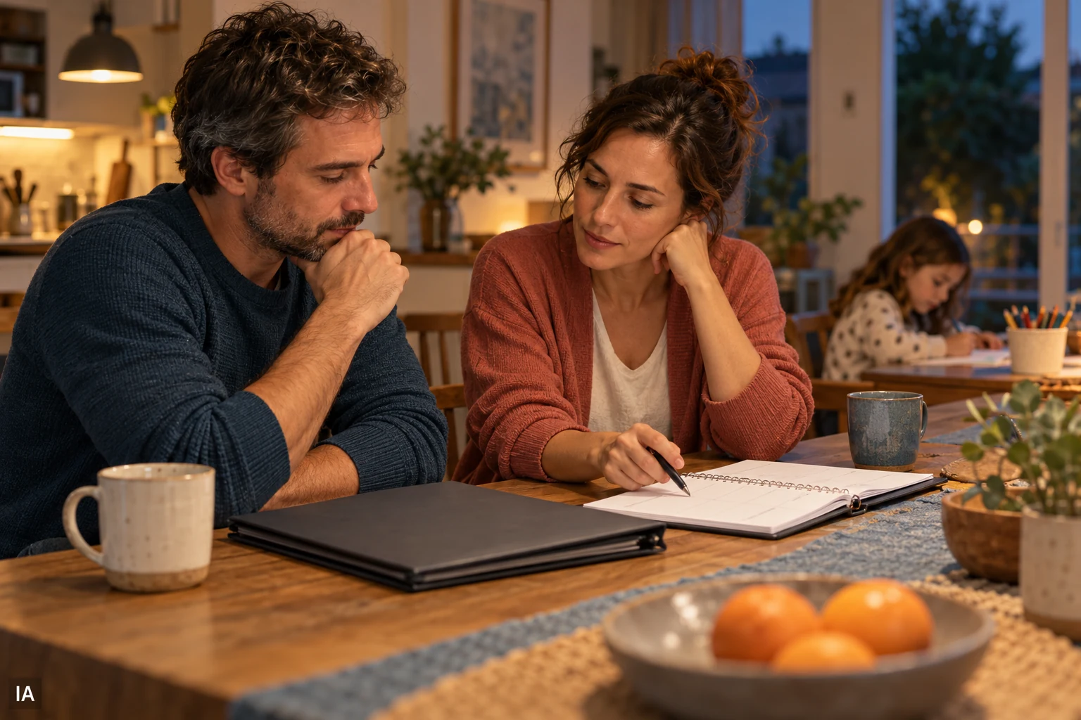 Una pareja revisa una agenda en la mesa de casa mientras su hija dibuja al fondo. Imagen editorial generada con IA.