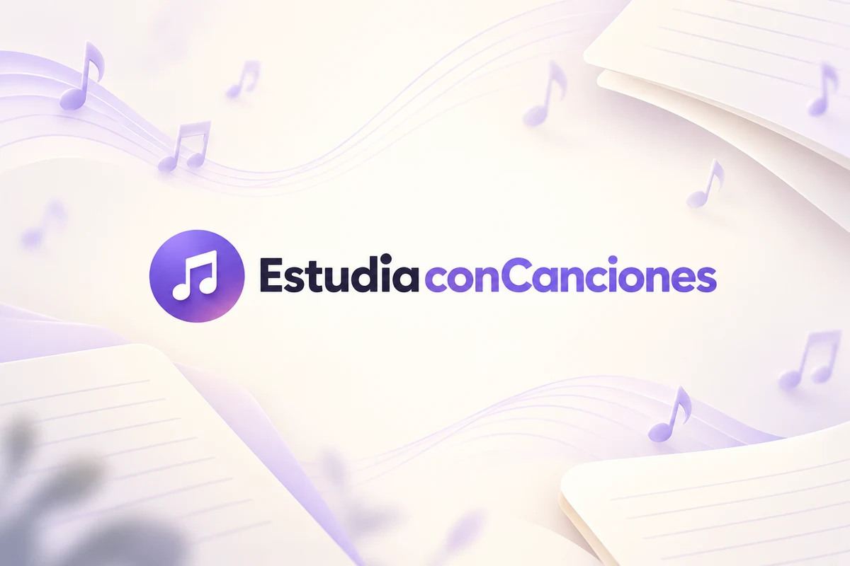 Logo de Estudia con Canciones en una composición con notas musicales y hojas de apuntes en tonos violeta.