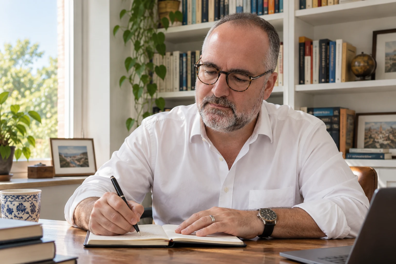Quim escribiendo a mano junto a sus libros